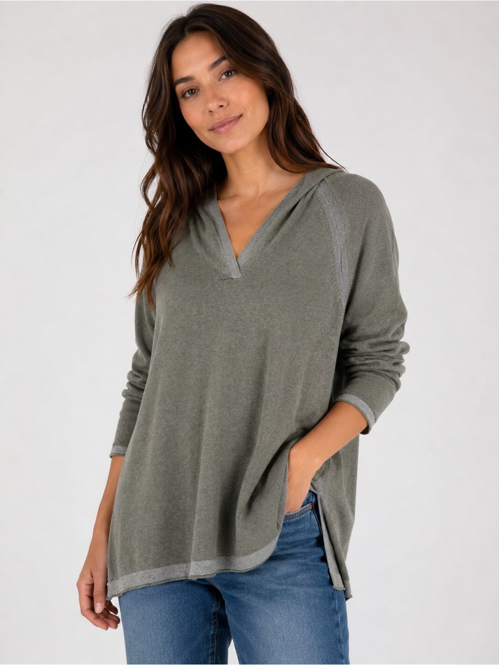 J. Jill Green Plaited Moss Stone Hooded Sweater Tunic M